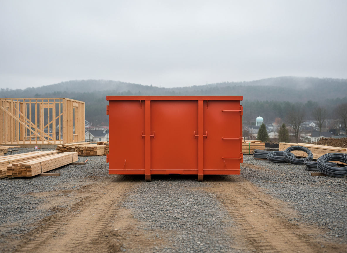 A rugged construction site on the outskirts of a small Virginia town, featuring a large, bright orange rolloff dumpster centrally placed on packed gravel. Surrounding it are carefully stacked lumber, coiled rebar, and a half-framed structure in the midground, all devoid of workers. Overcast daylight creates soft, diffused lighting, eliminating harsh shadows while still emphasizing the dumpster’s ridged steel sides and reinforced corners. The camera is positioned at a low angle, making the dumpster appear sturdy and reliable against a backdrop of misty, forested hills. The composition uses leading lines from tire tracks in the dirt to draw the eye toward the container, resulting in a strong, dependable, photographic image suited for commercial service pages.