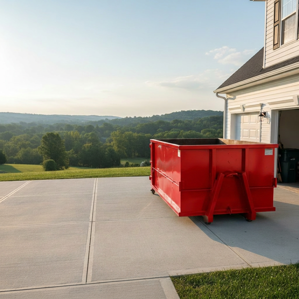dumpsters A pristine residential driveway in a small Shenandoah Valley neighborhood with a compact, freshly painted blue rolloff dumpster positioned perfectly straight beside a two-car garage. The dumpster’s metal rails, wheels, and latch mechanisms are clearly visible, rendered with realistic textures and light weathering. Soft morning sunlight illuminates the scene, creating long, gentle shadows across the pale concrete and highlighting dew on the nearby grass. The distant background shows rolling Virginia countryside with tree-covered hills under a pale blue sky. Captured from a slightly elevated angle using the rule of thirds, the composition appears orderly and efficient, conveying a calm, professional atmosphere with photographic realism.
