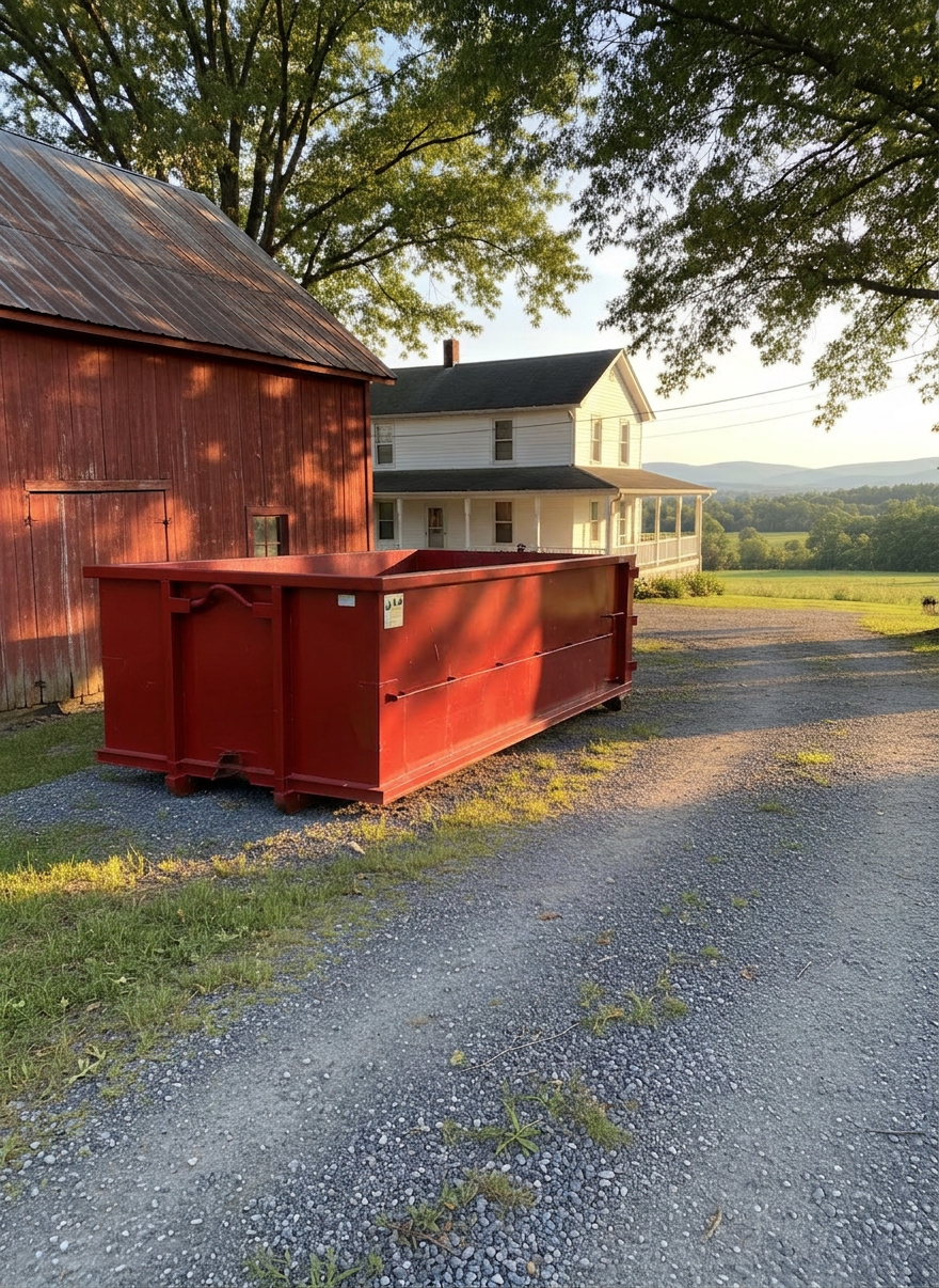 dumpsters A narrow rural driveway winding up to a modest farmhouse in Edinburg, VA, with a medium-sized, forest-green rolloff dumpster placed carefully on compacted gravel near a weathered red barn. The steel container shows realistic detail: welded seams, hinge pins, and a slightly worn paint finish with subtle dust along the lower edge. Late-day golden hour sunlight filters through nearby oak trees, casting dappled highlights on the dumpster and warm tones on the barn siding. Shot from a three-quarter front angle with moderate depth of field, the background softly blurs into rolling fields and distant blue ridges. The overall mood is calm, local, and grounded, with photographic realism that emphasizes small-town reliability.